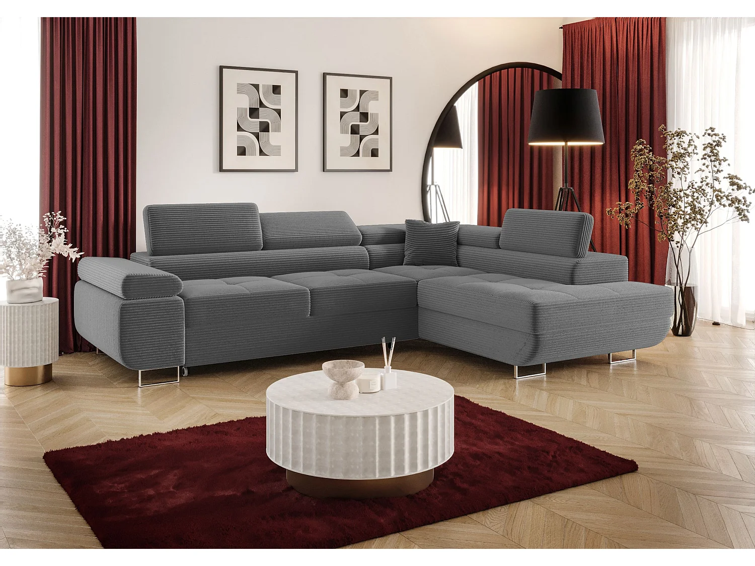 ECKSOFA EMILY mit Schlaffunktion Poso 60 Grau Rechts L-Form Sofa mit Stauraum Bettkasten Wohnzimmersofa Couch Sofa Bettsofa Bettkasten Bettcouch
