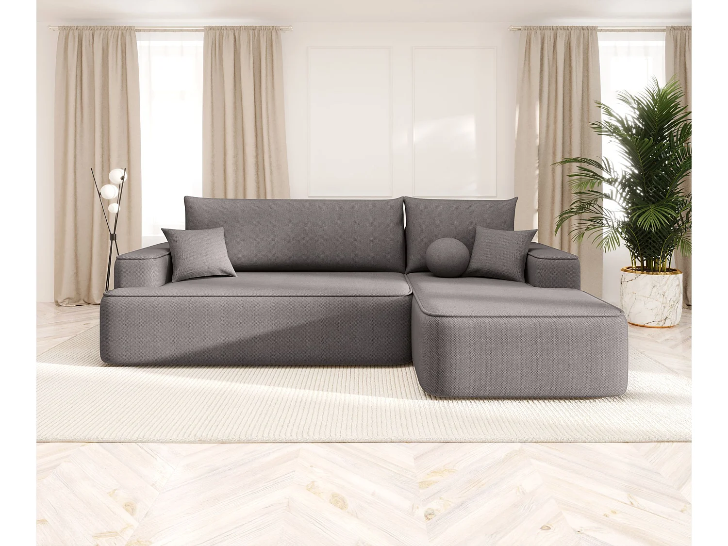 NAROŻNIK FIGO z funkcją spania Curio 83 Szary Prawy Sofa w kształcie L z pojemnikiem na pościel, sofa rozkładana, sofa do salonu