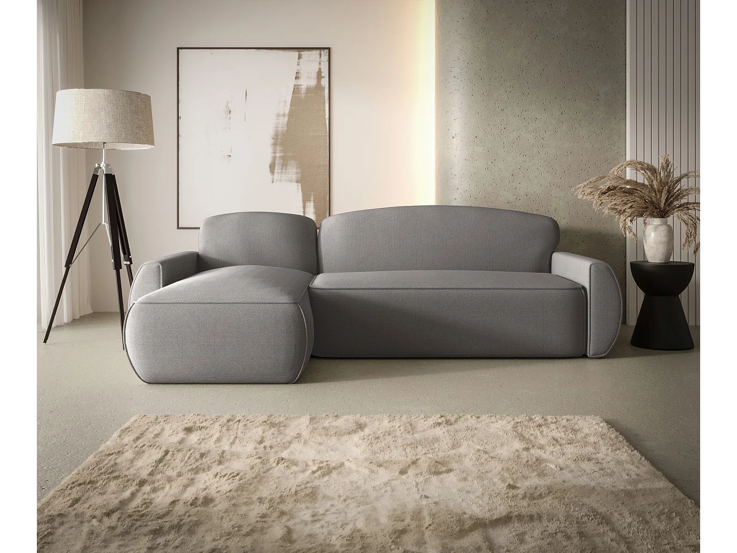 Narożnik z funkcją spania LUCAS Curio 83 szary lewy sofa w kształcie L z pojemnikiem na pościel sofa do salonu, sofa rozkładana, sofa z pojemnikiem