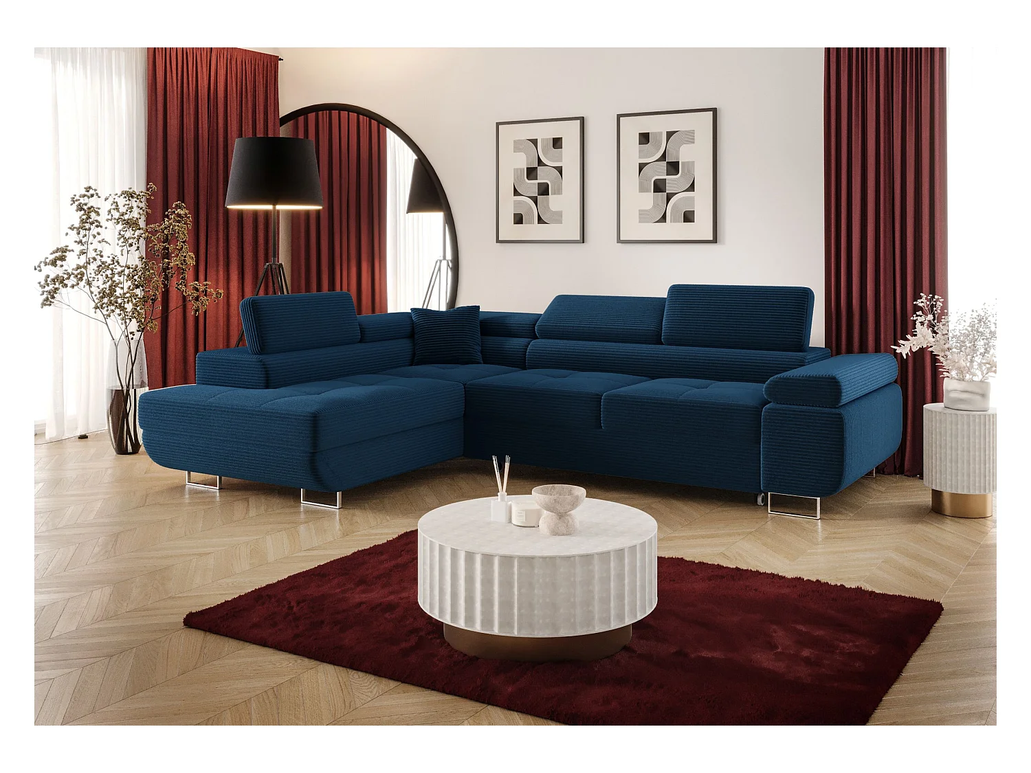 HOEKBANK EMILY met slaapfunctie Poso 05 Donkerblauw Links L-vorm bank met opbergruimte, slaapbank, woonkamerbank