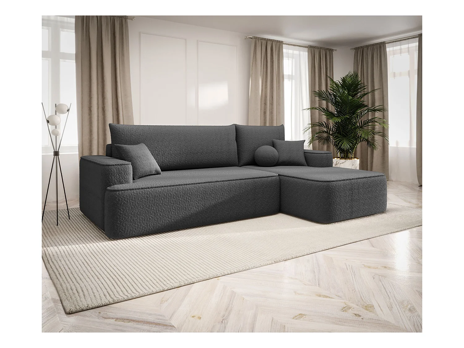 NAROŻNIK FIGO z funkcją spania Quelle 92 Ciemnoszary Prawy Sofa w kształcie L z pojemnikiem na pościel, sofa rozkładana, sofa do salonu