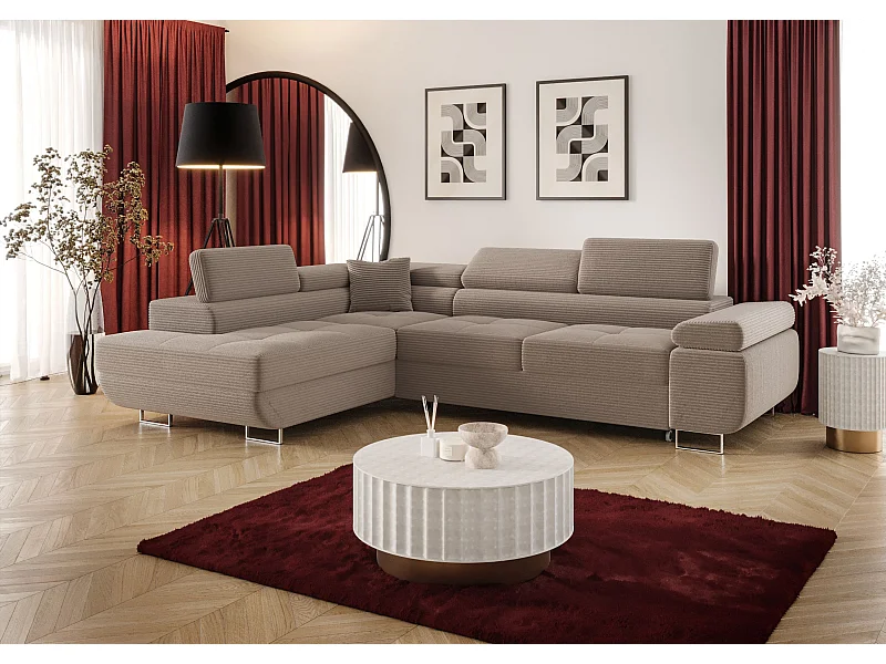 ECKSOFA EMILY mit Schlaffunktion Poso 02 Hellbraun Links L-Form Sofa mit Stauraum Bettkasten Wohnzimmersofa Couch Sofa Bettsofa Bettkasten Bettcouch