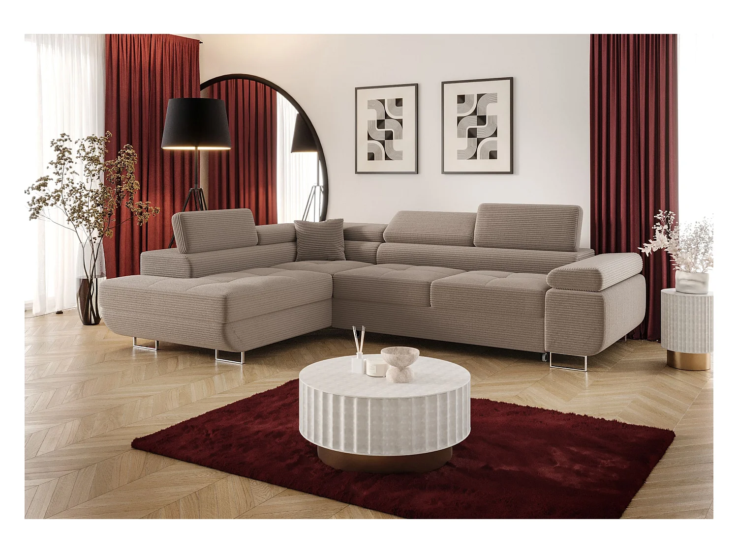 ECKSOFA EMILY mit Schlaffunktion Poso 02 Hellbraun Links L-Form Sofa mit Stauraum Bettkasten Wohnzimmersofa Couch Sofa Bettsofa Bettkasten Bettcouch