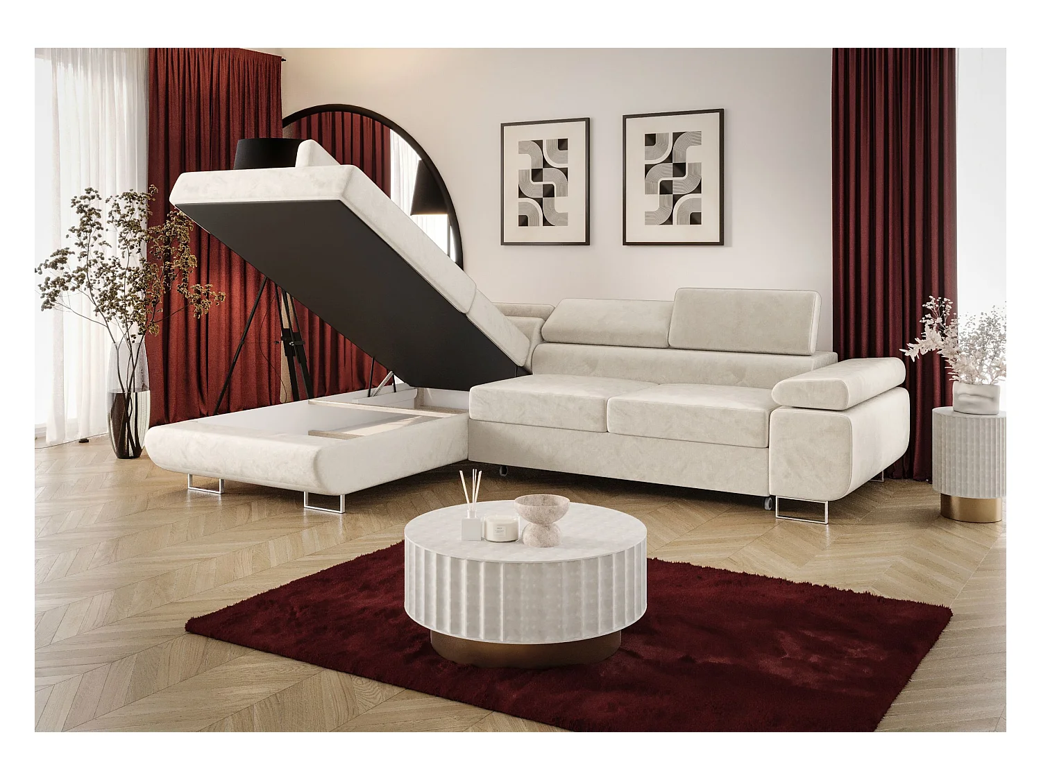 ECKSOFA EMILY mit Schlaffunktion Poso 02 Hellbraun Links L-Form Sofa mit Stauraum Bettkasten Wohnzimmersofa Couch Sofa Bettsofa Bettkasten Bettcouch