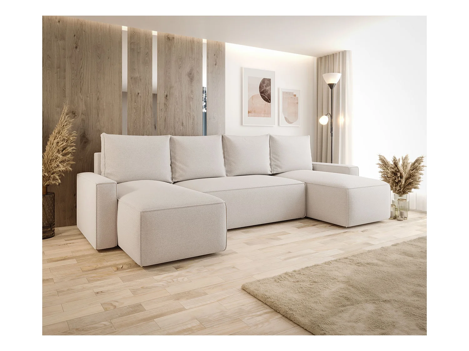 Narożnik z funkcją spania SAVIO U Curio 02 kremowy U-Form Sofa z pojemnikiem na pościel sofa do salonu, sofa rozkładana, sofa z pojemnikiem