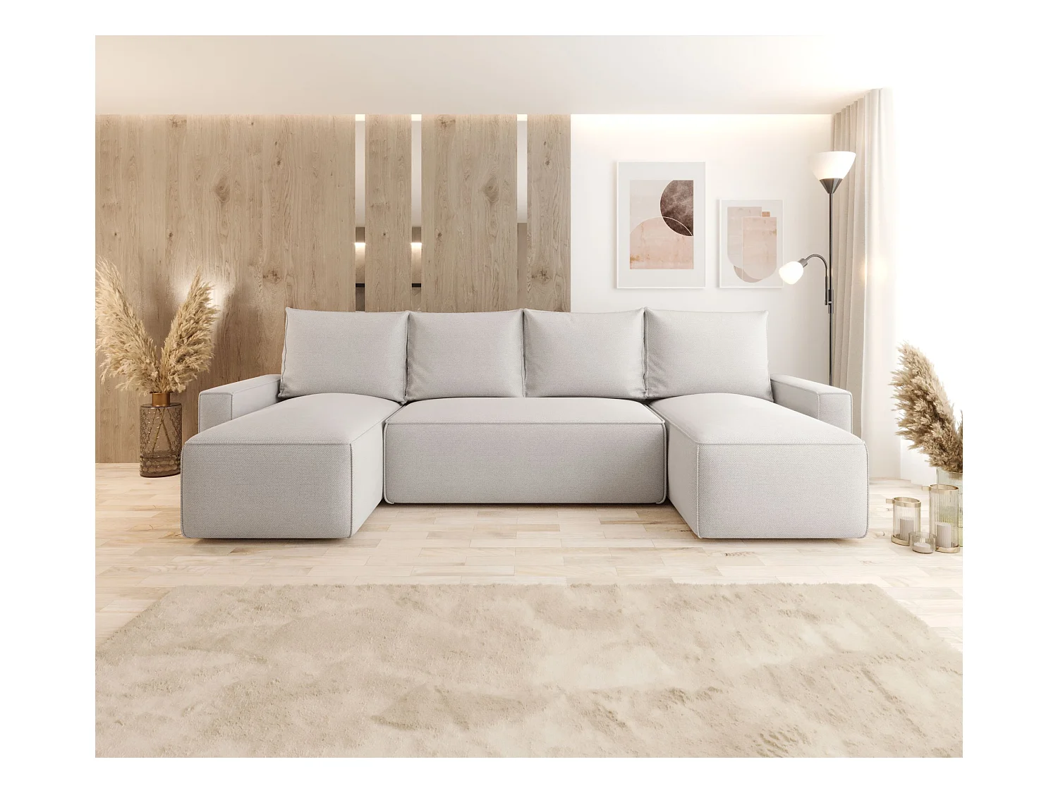 Narożnik z funkcją spania SAVIO U Curio 02 kremowy U-Form Sofa z pojemnikiem na pościel sofa do salonu, sofa rozkładana, sofa z pojemnikiem