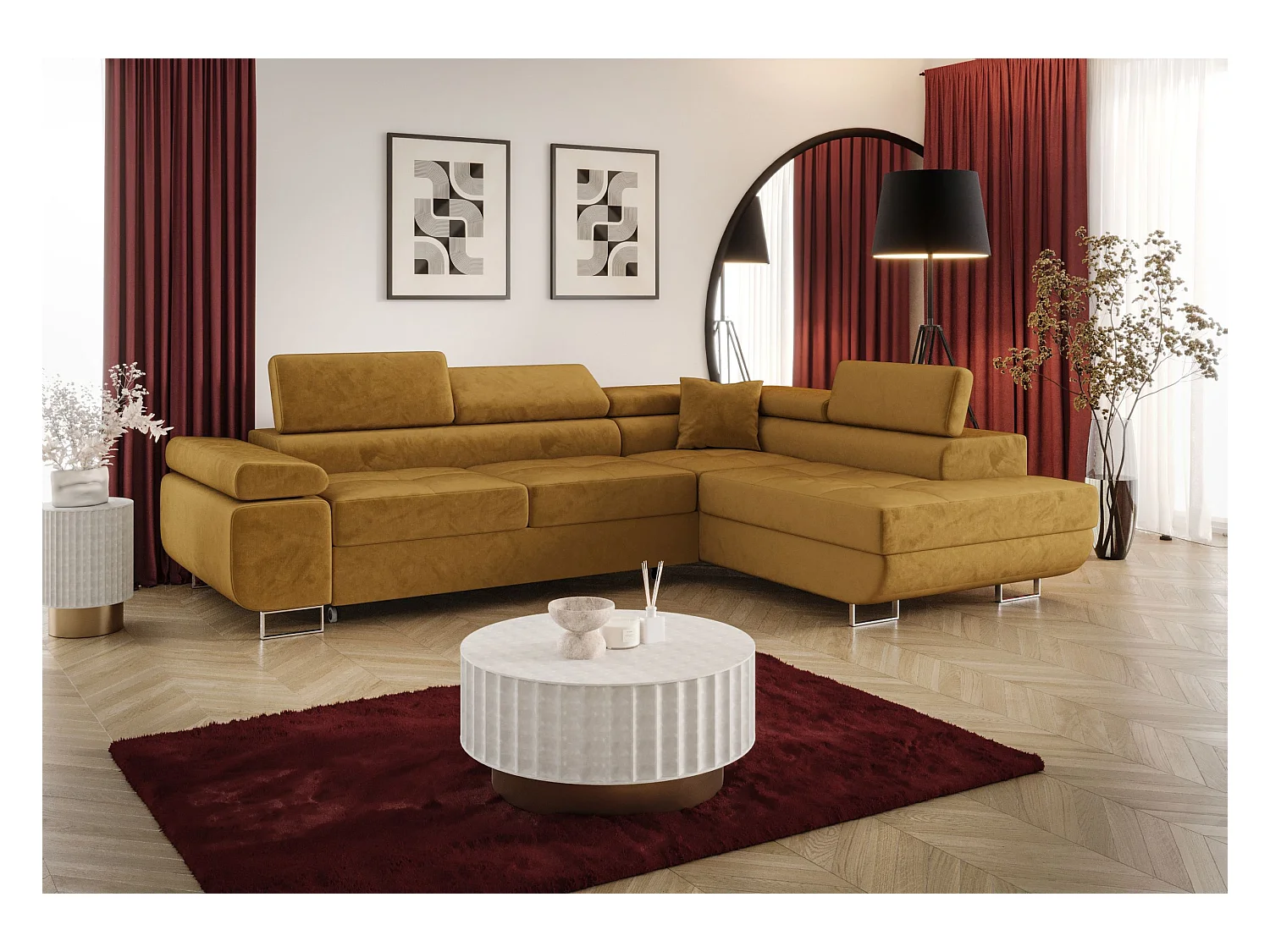 NAROŻNIK EMILY z funkcją spania Monolith 48 Pomarańczowy Prawy Sofa w kształcie L z pojemnikiem na pościel, sofa rozkładana, sofa do salonu