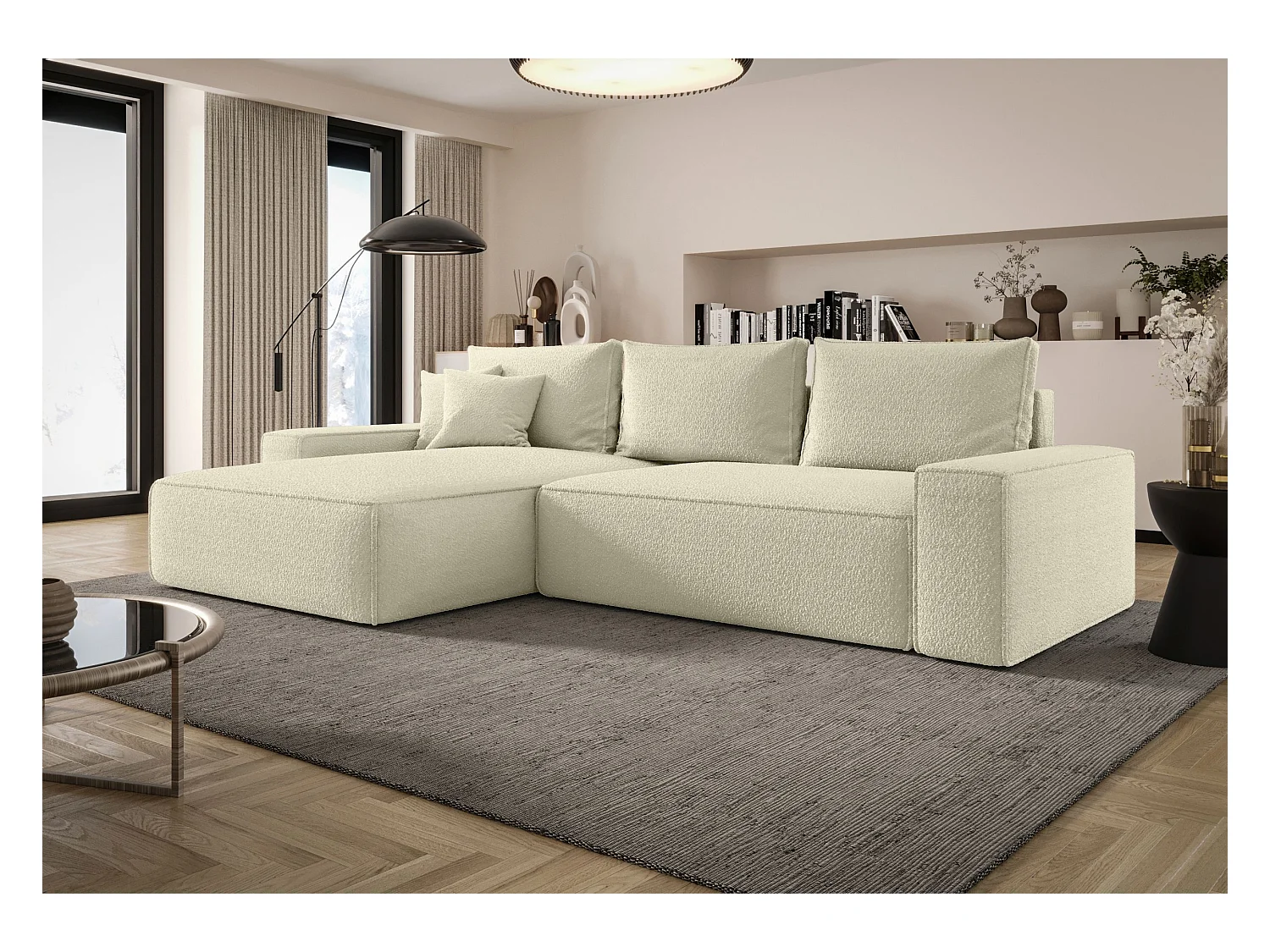 NAROŻNIK MONA z funkcją spania QUELLE 02 Ecru Lewy Sofa w kształcie L z pojemnikiem na pościel, sofa rozkładana, sofa do salonu