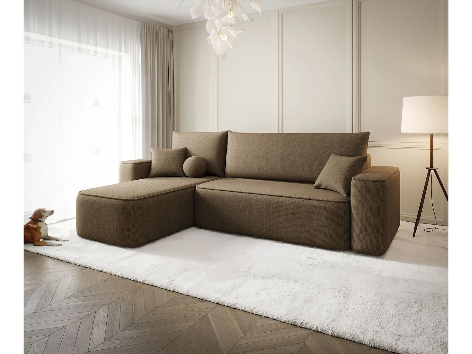 NAROŻNIK SENNO z funkcją spania Curio 20 Brązowy Lewy Sofa w kształcie L z pojemnikiem na pościel, sofa rozkładana, sofa do salonu