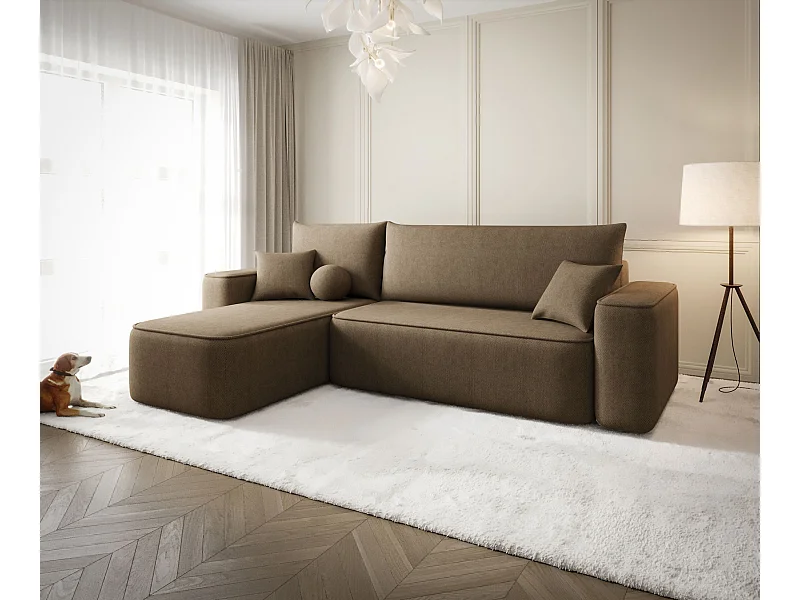 NAROŻNIK SENNO z funkcją spania Curio 20 Brązowy Lewy Sofa w kształcie L z pojemnikiem na pościel, sofa rozkładana, sofa do salonu