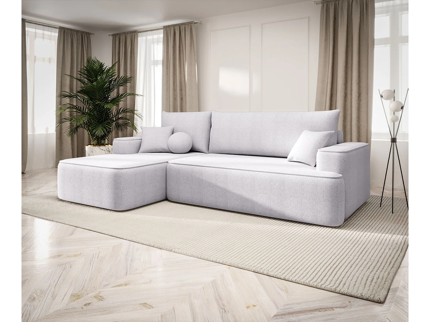 NAROŻNIK FIGO z funkcją spania Curio 80 Jasnoszary Lewy Sofa w kształcie L z pojemnikiem na pościel, sofa rozkładana, sofa do salonu