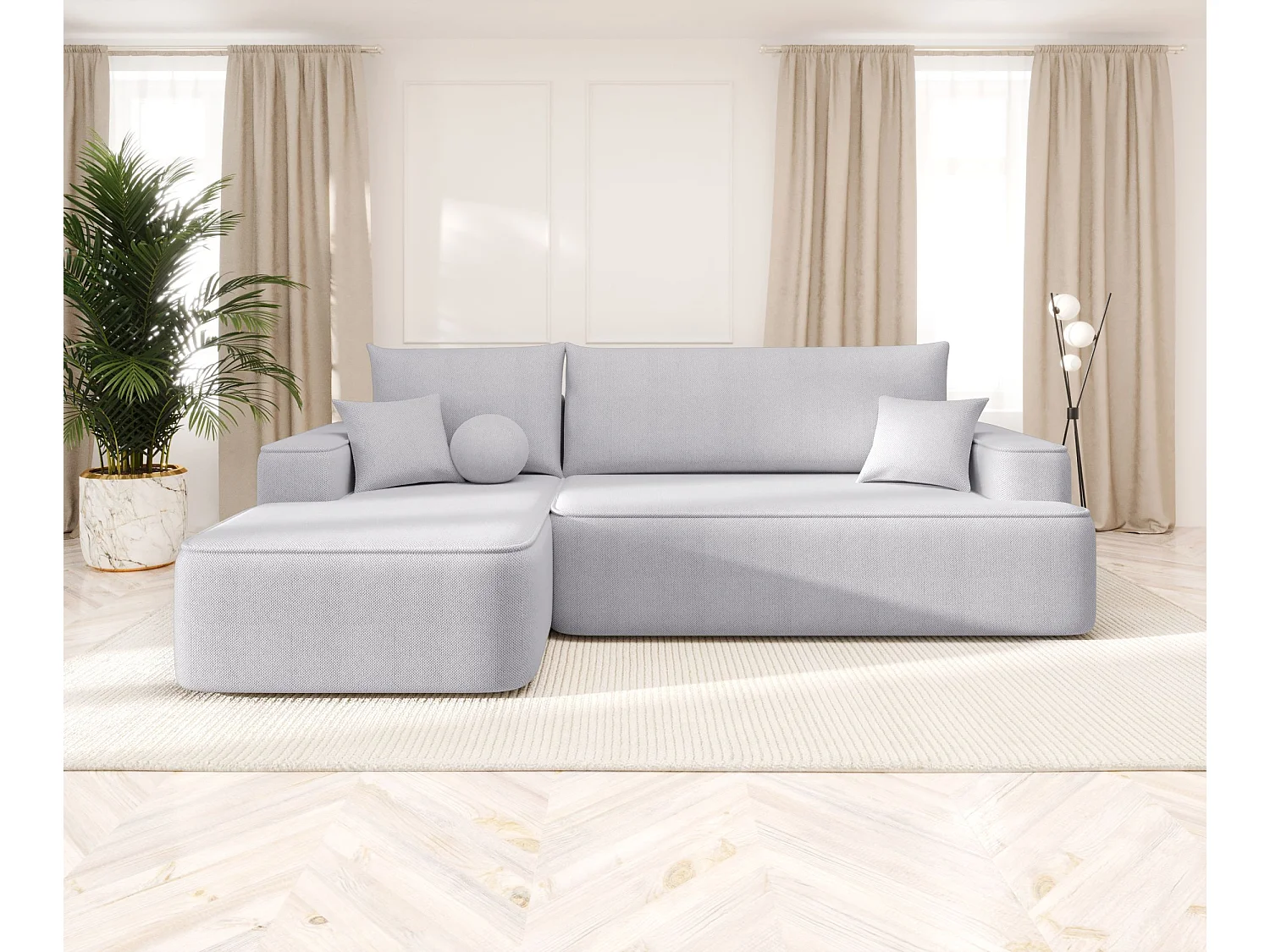 NAROŻNIK FIGO z funkcją spania Curio 80 Jasnoszary Lewy Sofa w kształcie L z pojemnikiem na pościel, sofa rozkładana, sofa do salonu