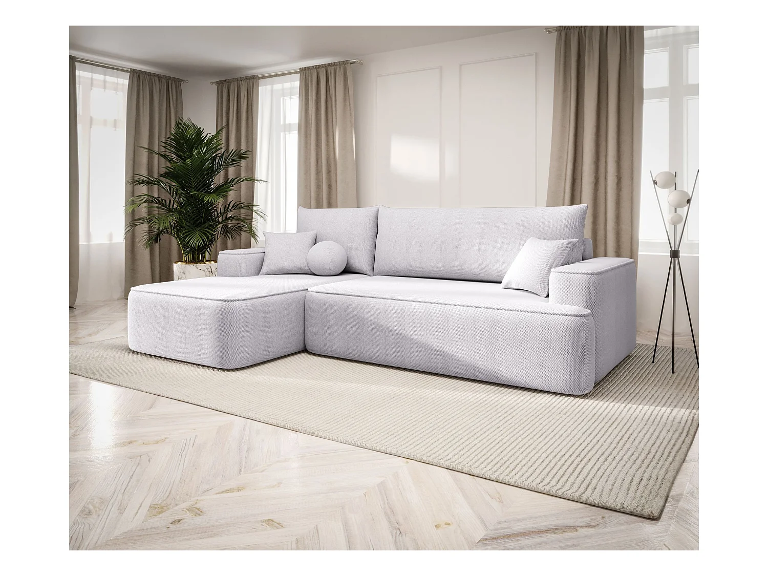 NAROŻNIK FIGO z funkcją spania Curio 80 Jasnoszary Lewy Sofa w kształcie L z pojemnikiem na pościel, sofa rozkładana, sofa do salonu