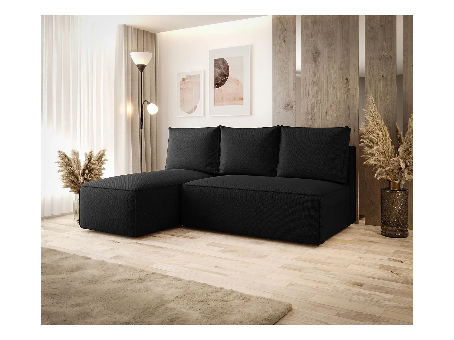 Narożnik z funkcją spania SAVIO MINI Curio 99 czarny lewy sofa w kształcie L z pojemnikiem na pościel sofa do salonu, sofa rozkładana, sofa z pojemnikiem