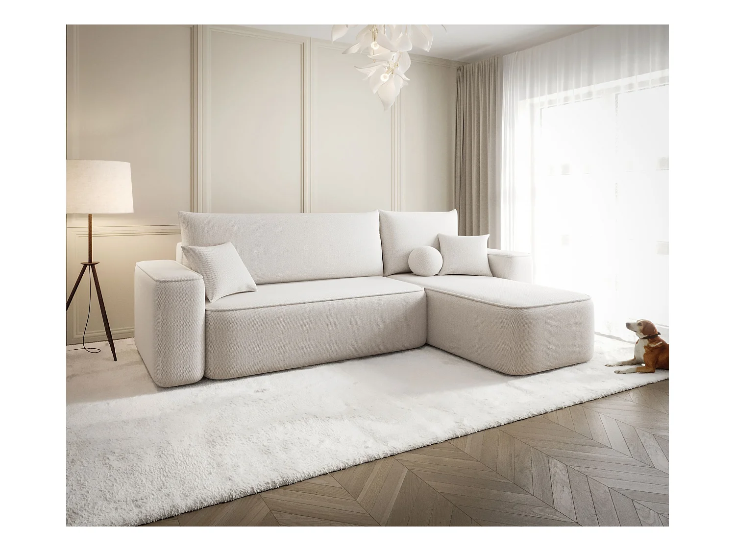 NAROŻNIK SENNO z funkcją spania Curio 02 Kremowy Prawy Sofa w kształcie L z pojemnikiem na pościel, sofa rozkładana, sofa do salonu