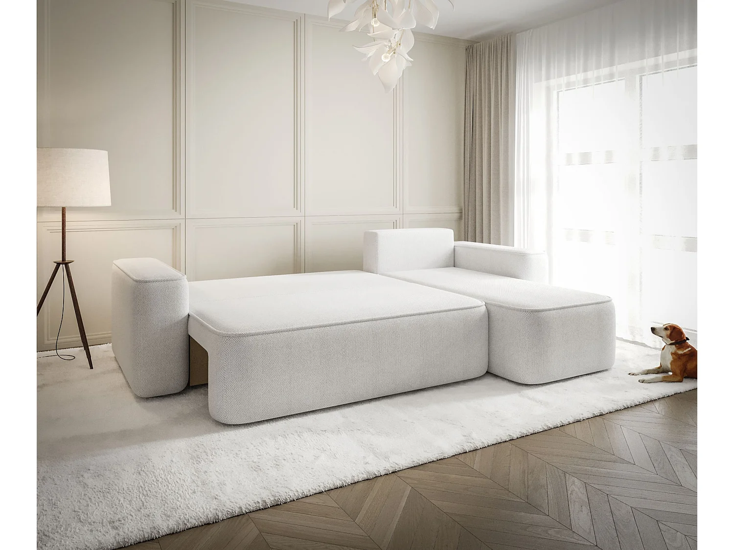 ECKSOFA mit Schlaffunktion SENNO Curio 02 Creme Rechts L-Form Sofa mit Stauraum Bettkasten Wohnzimmersofa Couch Sofa Bettsofa Bettkasten Bettcouch