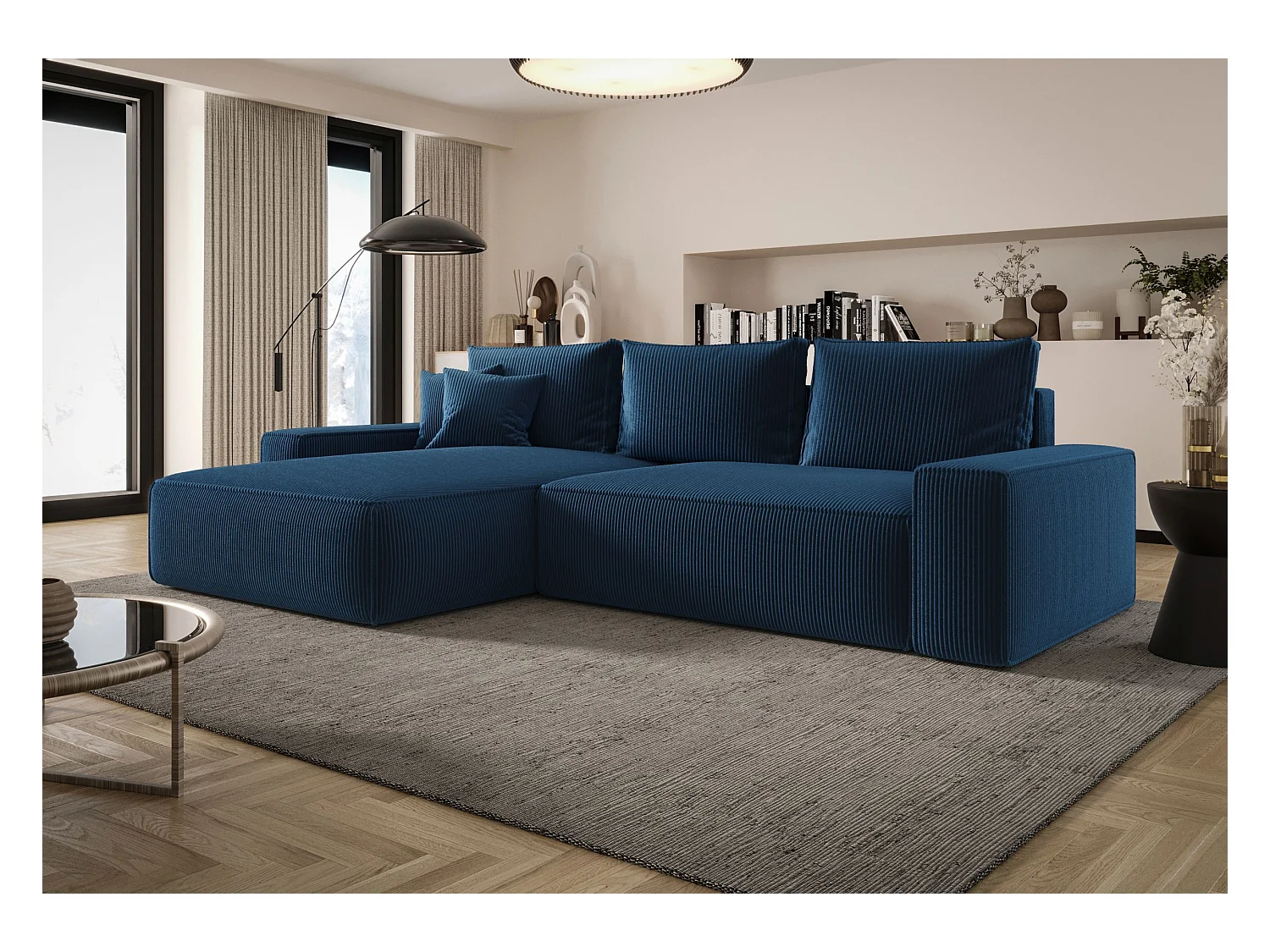 Narożnik MONA z funkcją spania POSO 05 ciemnoniebieski lewy sofa w kształcie litery L z pojemnikiem na pościel kanapa do salonu sofa rozkładana