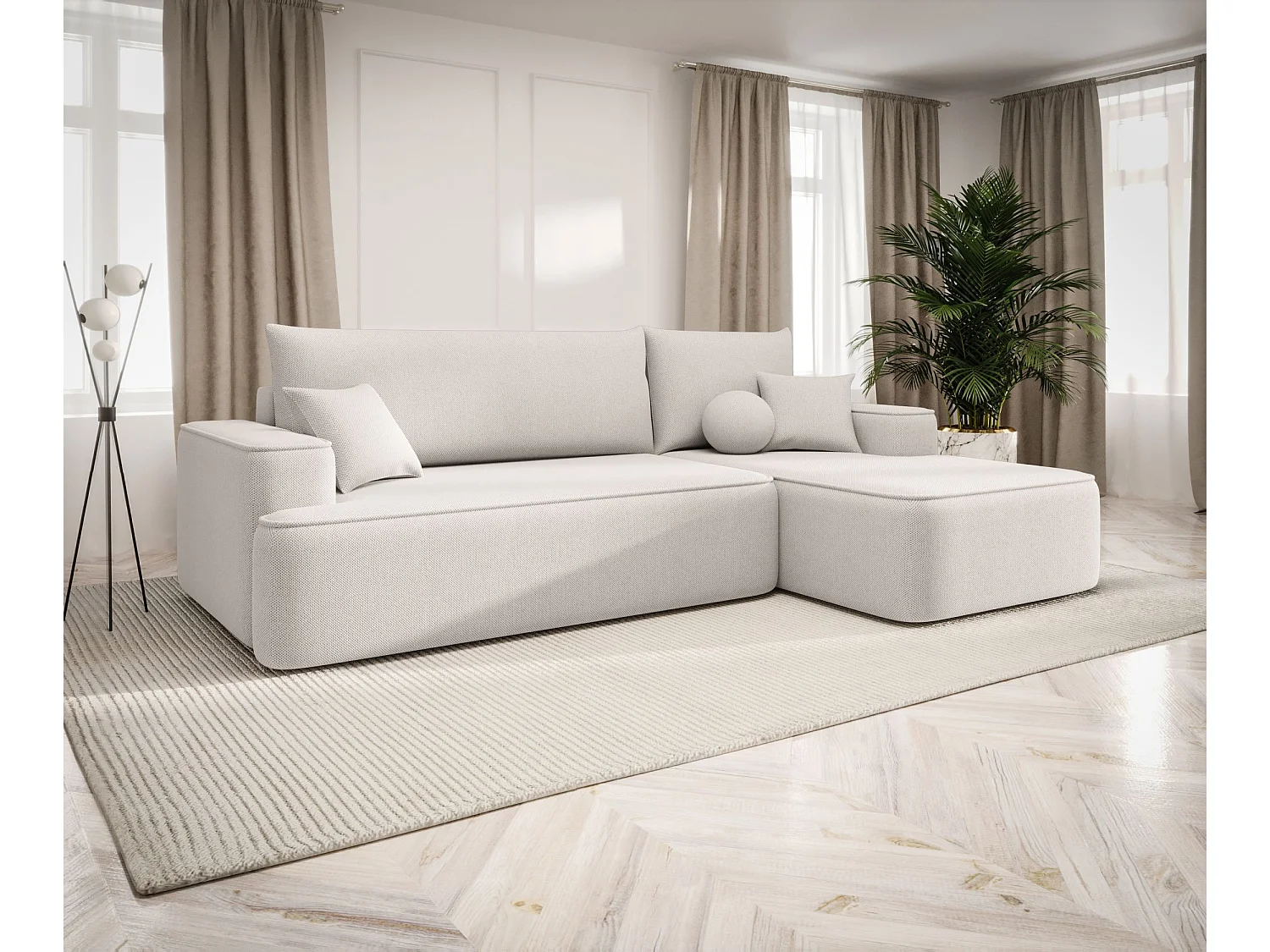 NAROŻNIK FIGO z funkcją spania Curio 02 Kremowy Prawy Sofa w kształcie L z pojemnikiem na pościel, sofa rozkładana, sofa do salonu