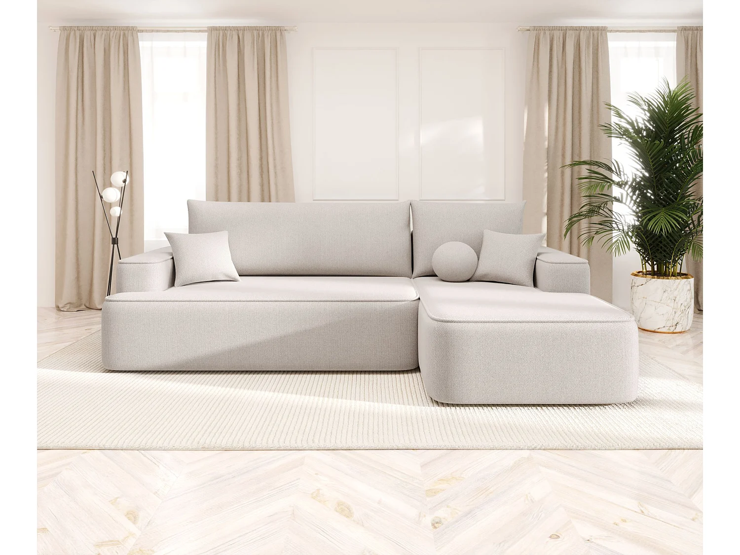 NAROŻNIK FIGO z funkcją spania Curio 02 Kremowy Prawy Sofa w kształcie L z pojemnikiem na pościel, sofa rozkładana, sofa do salonu