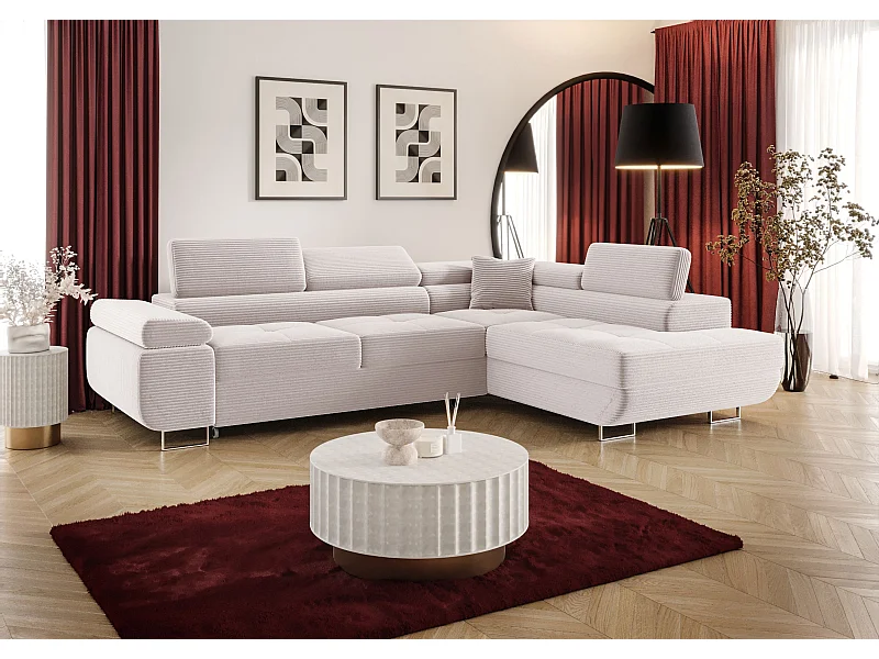 NAROŻNIK EMILY z funkcją spania Poso 100 Ecru Prawy Sofa w kształcie L z pojemnikiem na pościel, sofa rozkładana, sofa do salonu