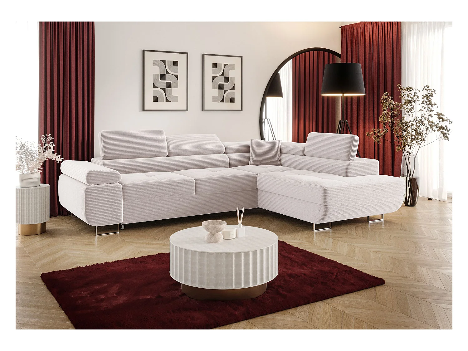 NAROŻNIK EMILY z funkcją spania Poso 100 Ecru Prawy Sofa w kształcie L z pojemnikiem na pościel, sofa rozkładana, sofa do salonu