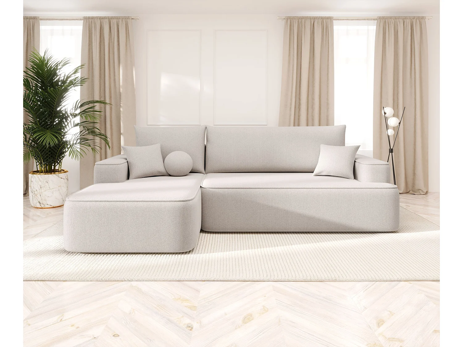 NAROŻNIK FIGO z funkcją spania Curio 02 Kremowy Lewy Sofa w kształcie L z pojemnikiem na pościel, sofa rozkładana, sofa do salonu