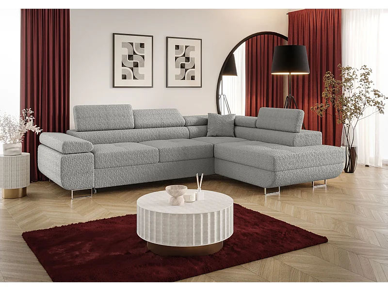 NAROŻNIK EMILY z funkcją spania Quelle 83 Szary Prawy Sofa w kształcie L z pojemnikiem na pościel, sofa rozkładana, sofa do salonu
