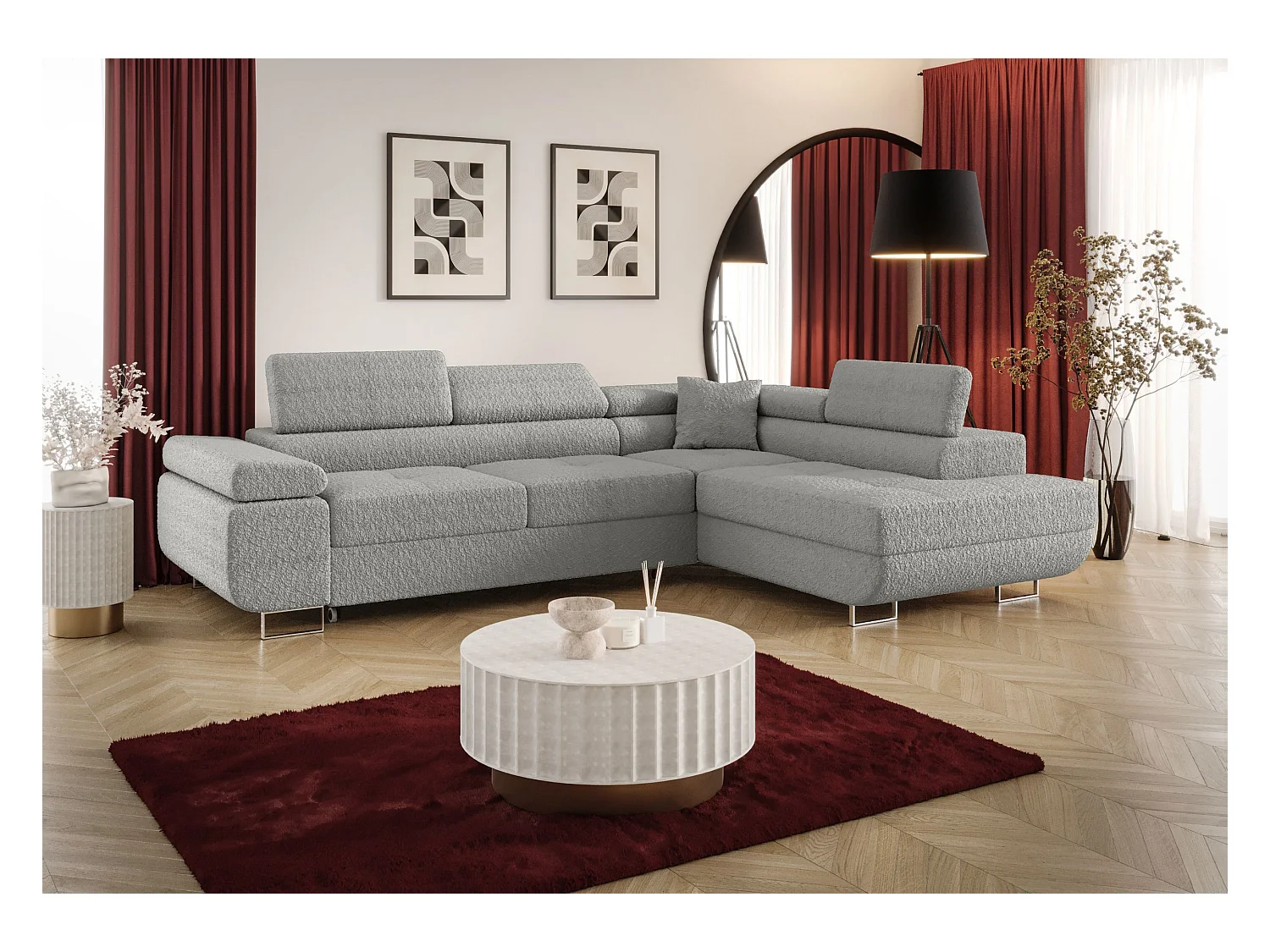 NAROŻNIK EMILY z funkcją spania Quelle 83 Szary Prawy Sofa w kształcie L z pojemnikiem na pościel, sofa rozkładana, sofa do salonu