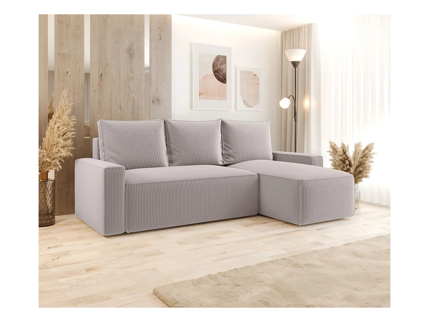 Narożnik z funkcją spania SAVIO Poso 100 ecru prawy sofa w kształcie L z pojemnikiem na pościel sofa do salonu, sofa rozkładana, sofa z pojemnikiem