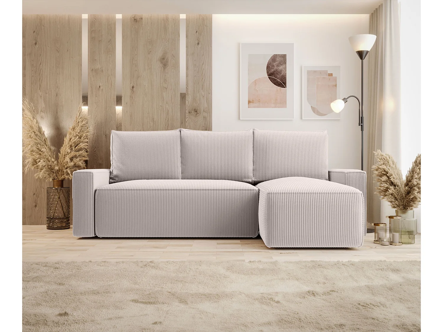 Narożnik z funkcją spania SAVIO Poso 100 ecru prawy sofa w kształcie L z pojemnikiem na pościel sofa do salonu, sofa rozkładana, sofa z pojemnikiem