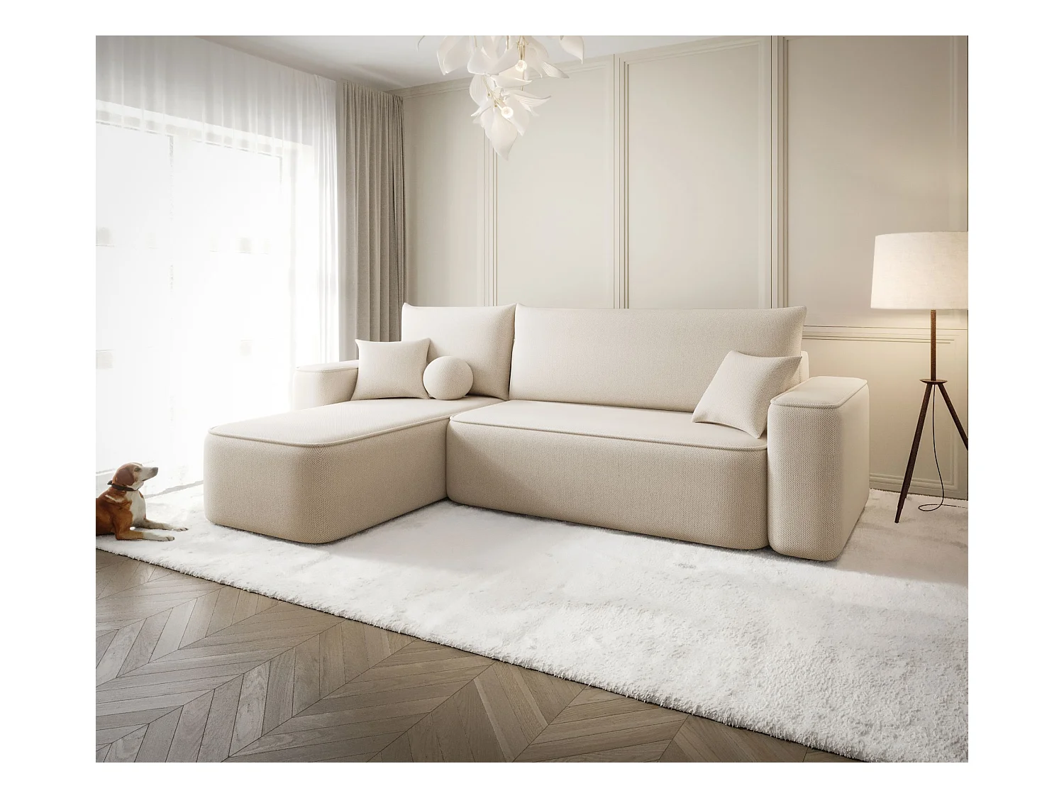 NAROŻNIK SENNO z funkcją spania Curio 09 Ecru Lewy Sofa w kształcie L z pojemnikiem na pościel, sofa rozkładana, sofa do salonu
