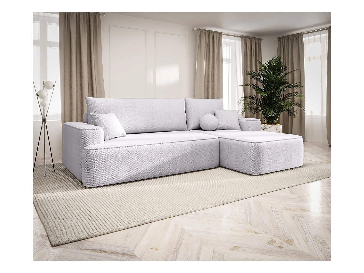 NAROŻNIK FIGO z funkcją spania Curio 80 Jasnoszary Prawy Sofa w kształcie L z pojemnikiem na pościel, sofa rozkładana, sofa do salonu