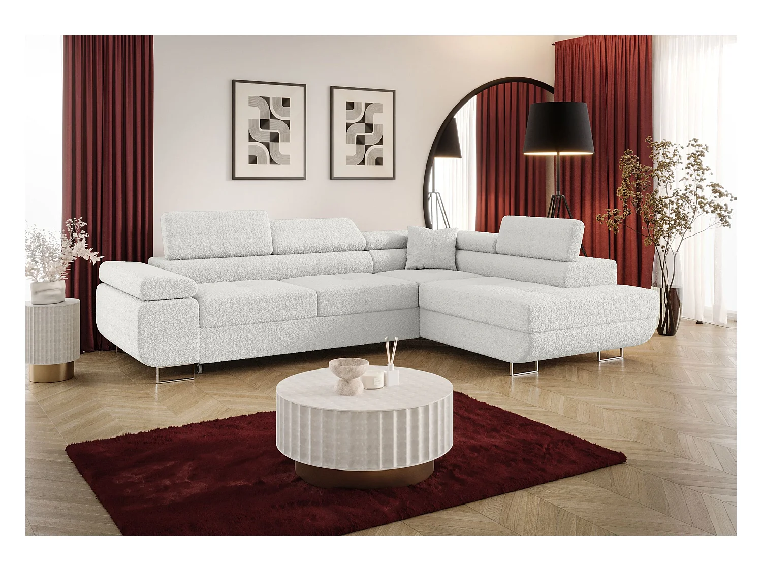 HOEKBANK EMILY met slaapfunctie Quelle 01 Wit Rechts L-vorm bank met opbergruimte, slaapbank, woonkamerbank