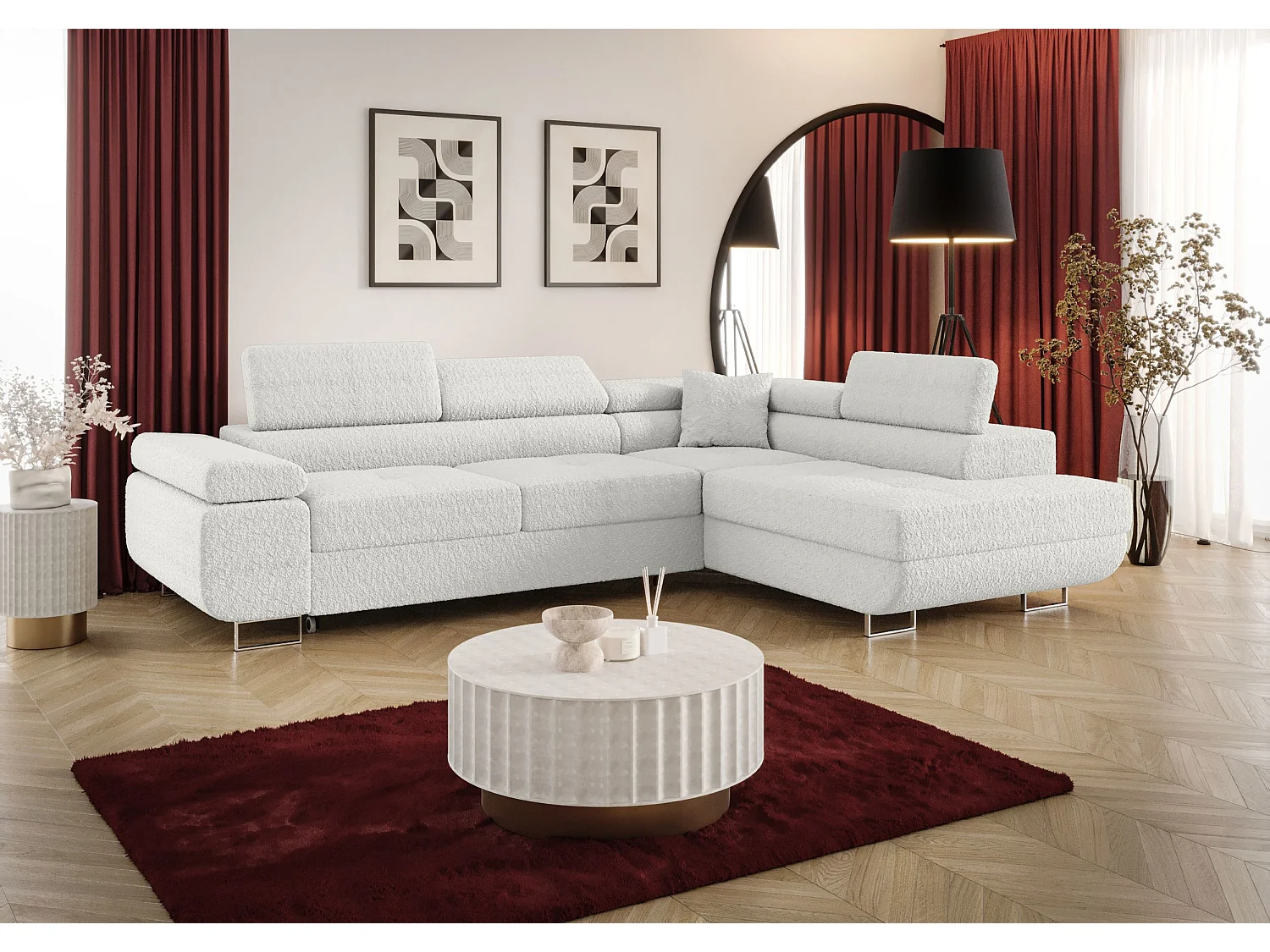 NAROŻNIK EMILY z funkcją spania Quelle 01 Biały Prawy Sofa w kształcie L z pojemnikiem na pościel, sofa rozkładana, sofa do salonu