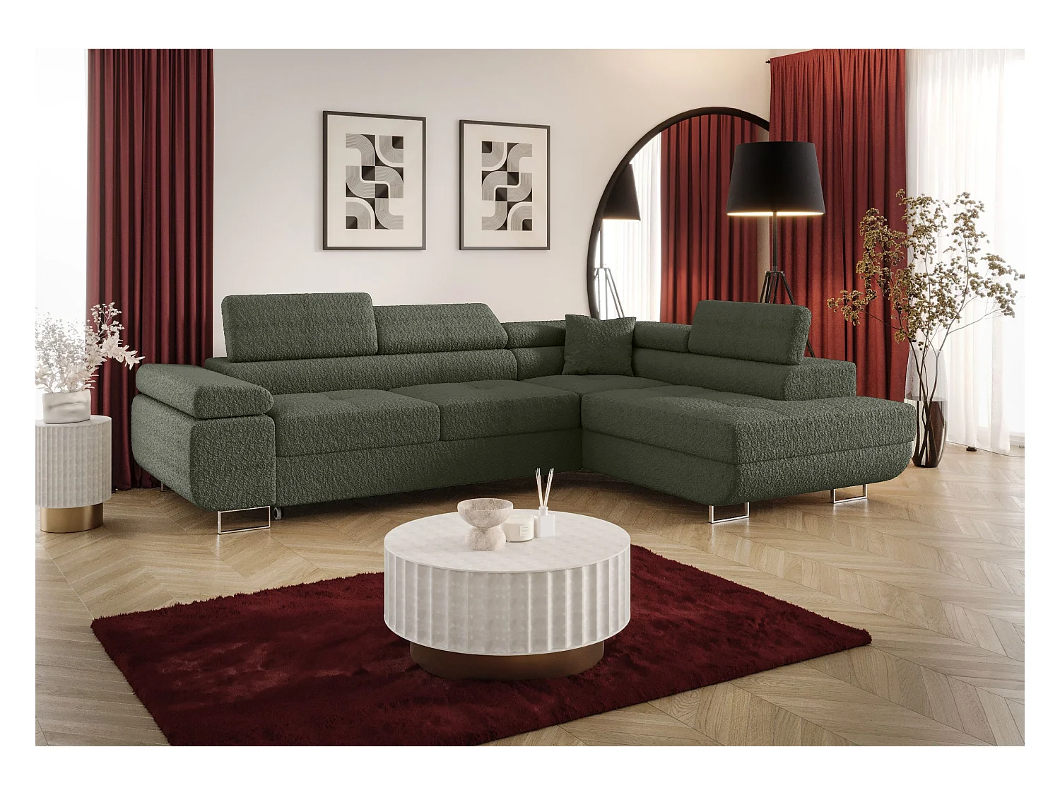 HOEKBANK EMILY met slaapfunctie Quelle 37 Donkergroen Rechts L-vorm bank met opbergruimte, slaapbank, woonkamerbank