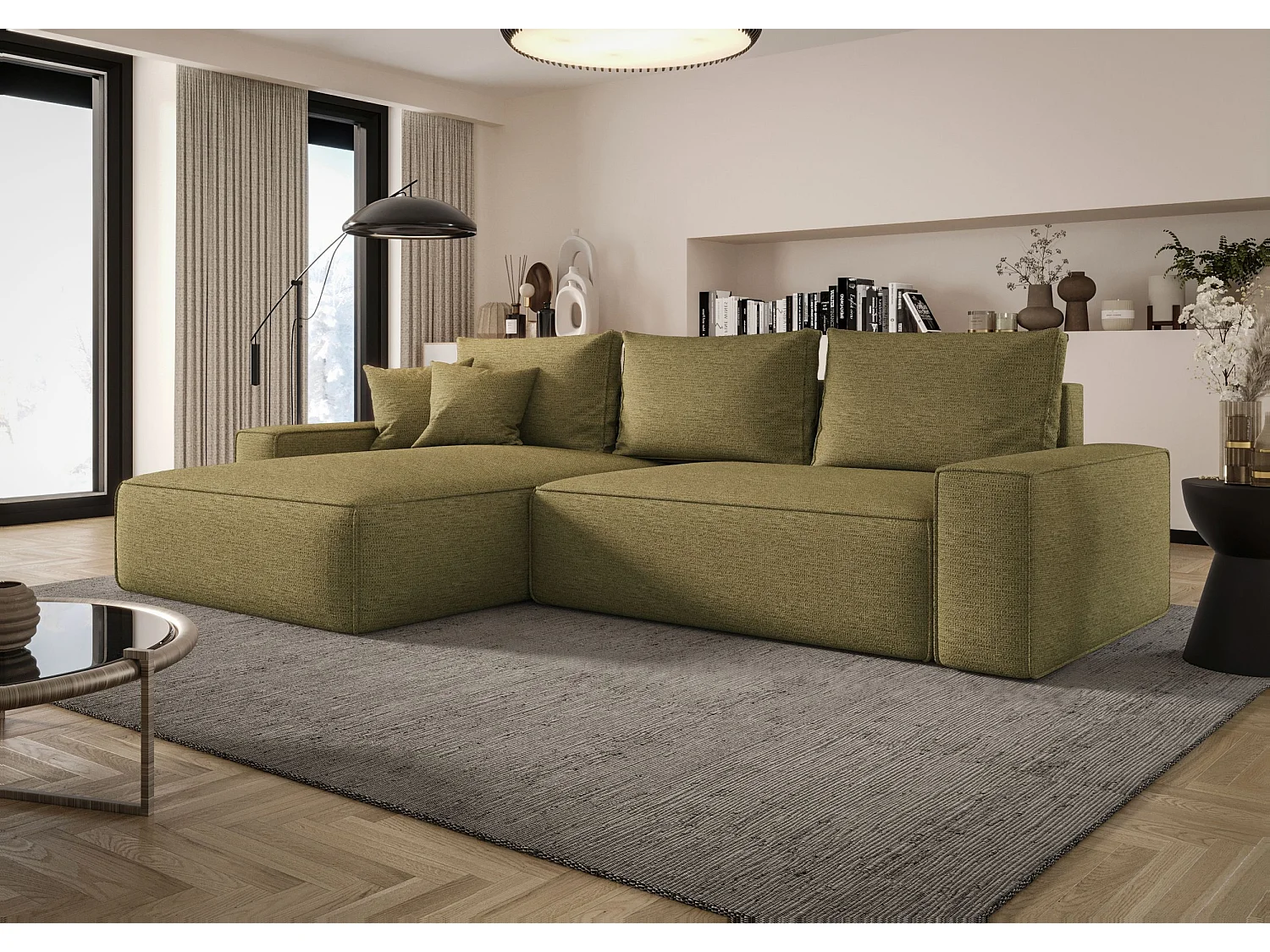 ECKSOFA MONA mit Schlaffunktion ARAGON 35 Hellgrün Links L-Form Sofa mit Stauraum Bettkasten Wohnzimmersofa Couch Sofa Bettsofa Bettkasten Bettcouch