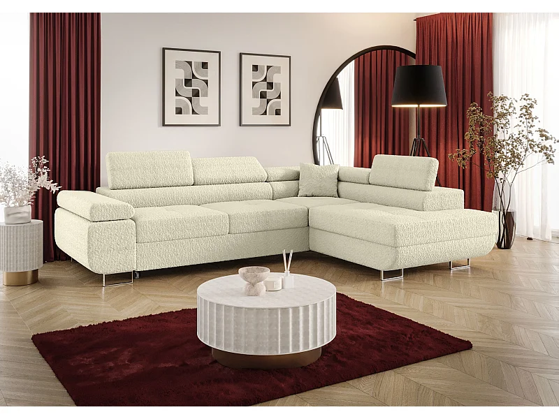 NAROŻNIK EMILY z funkcją spania Quelle 02 Ecru Prawy Sofa w kształcie L z pojemnikiem na pościel, sofa rozkładana, sofa do salonu