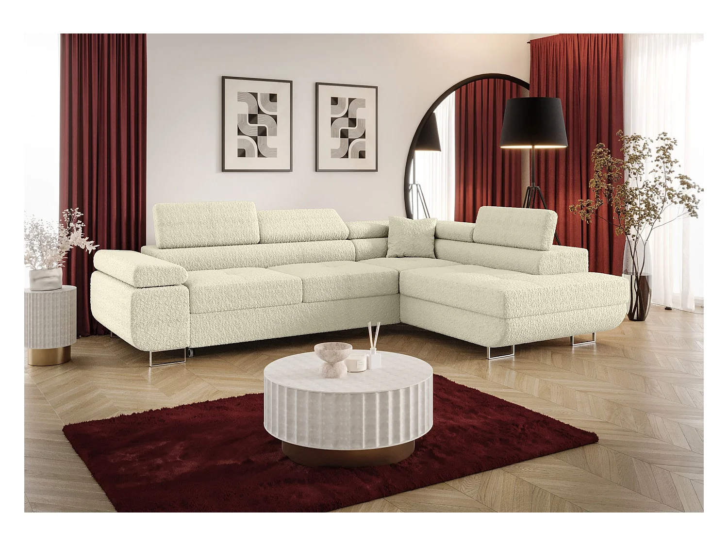 HOEKBANK EMILY met slaapfunctie Quelle 02 Ecru Rechts L-vorm bank met opbergruimte, slaapbank, woonkamerbank