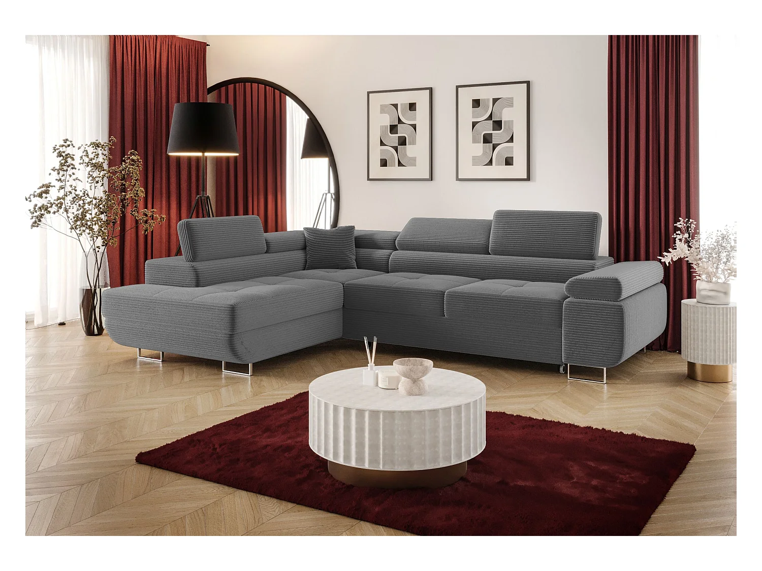 NAROŻNIK EMILY z funkcją spania Poso 60 Szary Lewy Sofa w kształcie L z pojemnikiem na pościel, sofa rozkładana, sofa do salonu