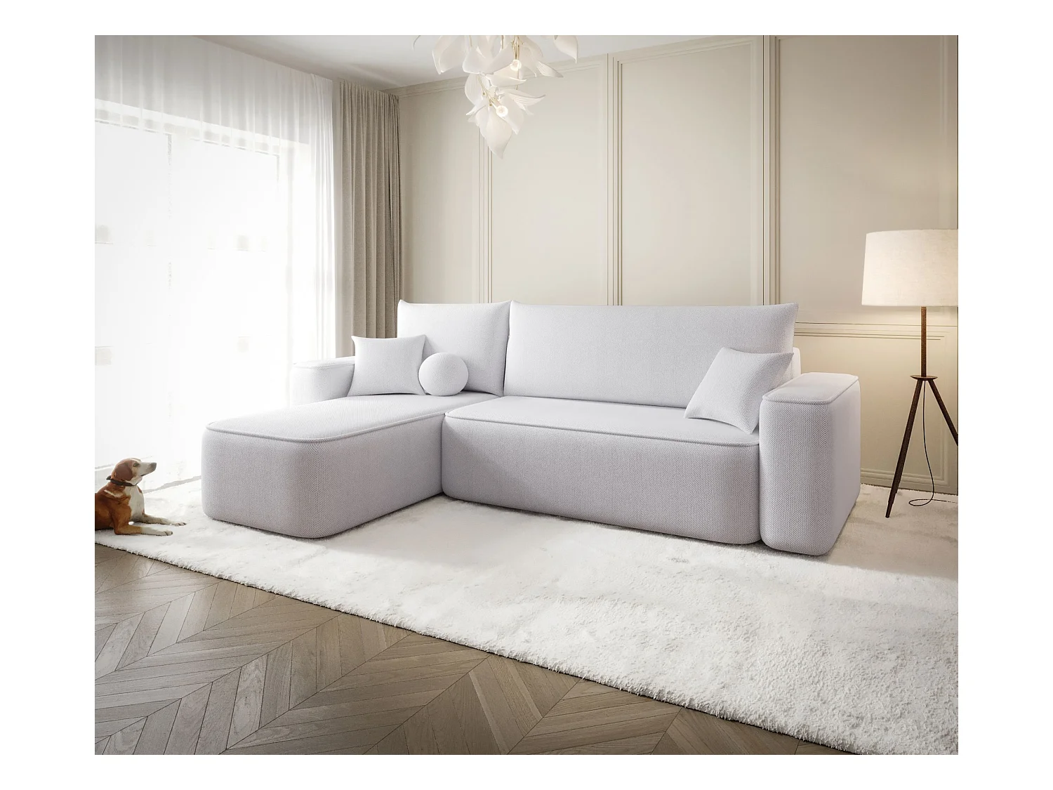NAROŻNIK SENNO z funkcją spania Curio 80 Jasnoszary Lewy Sofa w kształcie L z pojemnikiem na pościel, sofa rozkładana, sofa do salonu