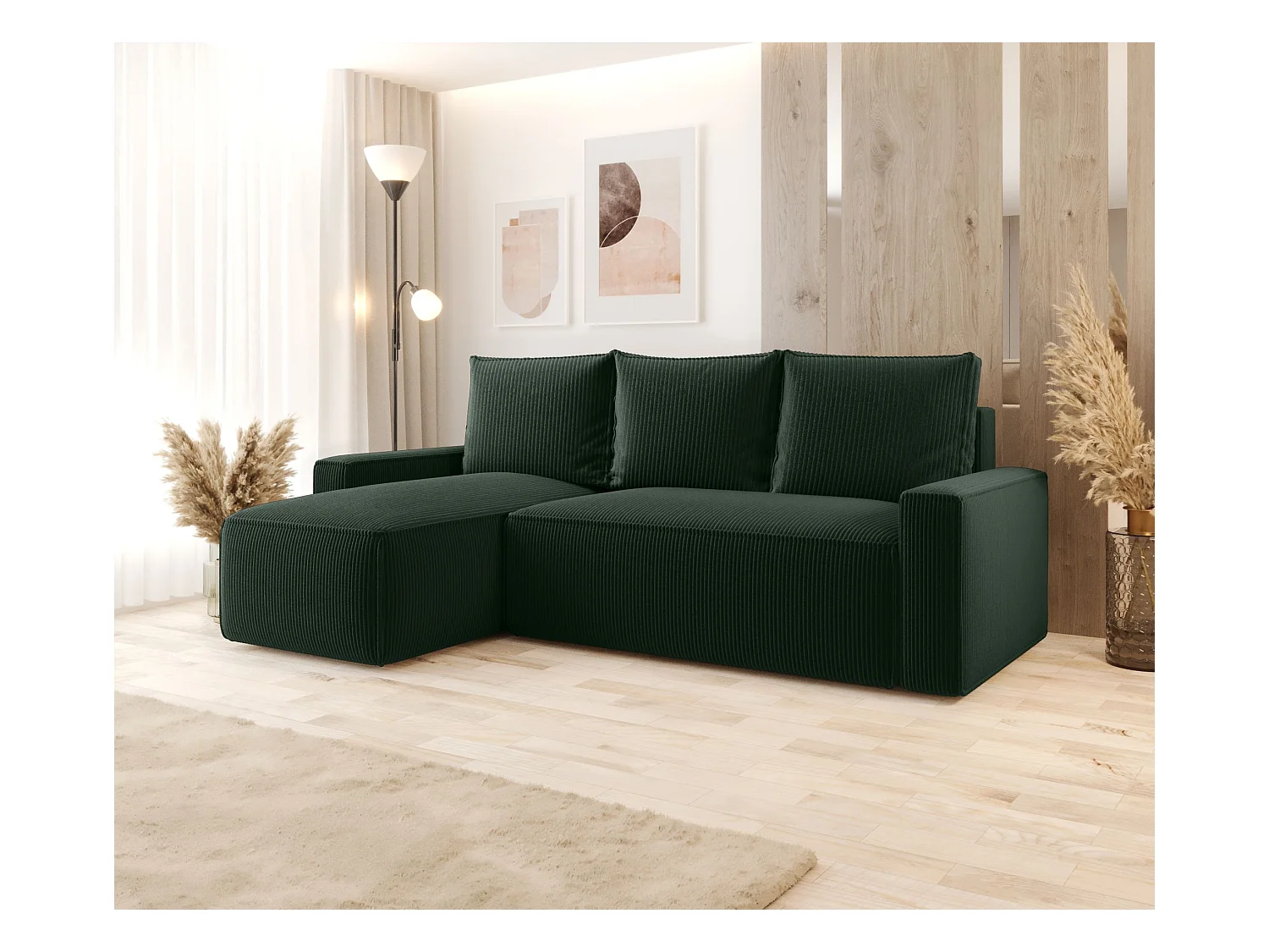 Narożnik z funkcją spania SAVIO Poso 14 ciemnozielony lewy sofa w kształcie L z pojemnikiem na pościel sofa do salonu, sofa rozkładana, sofa z pojemnikiem