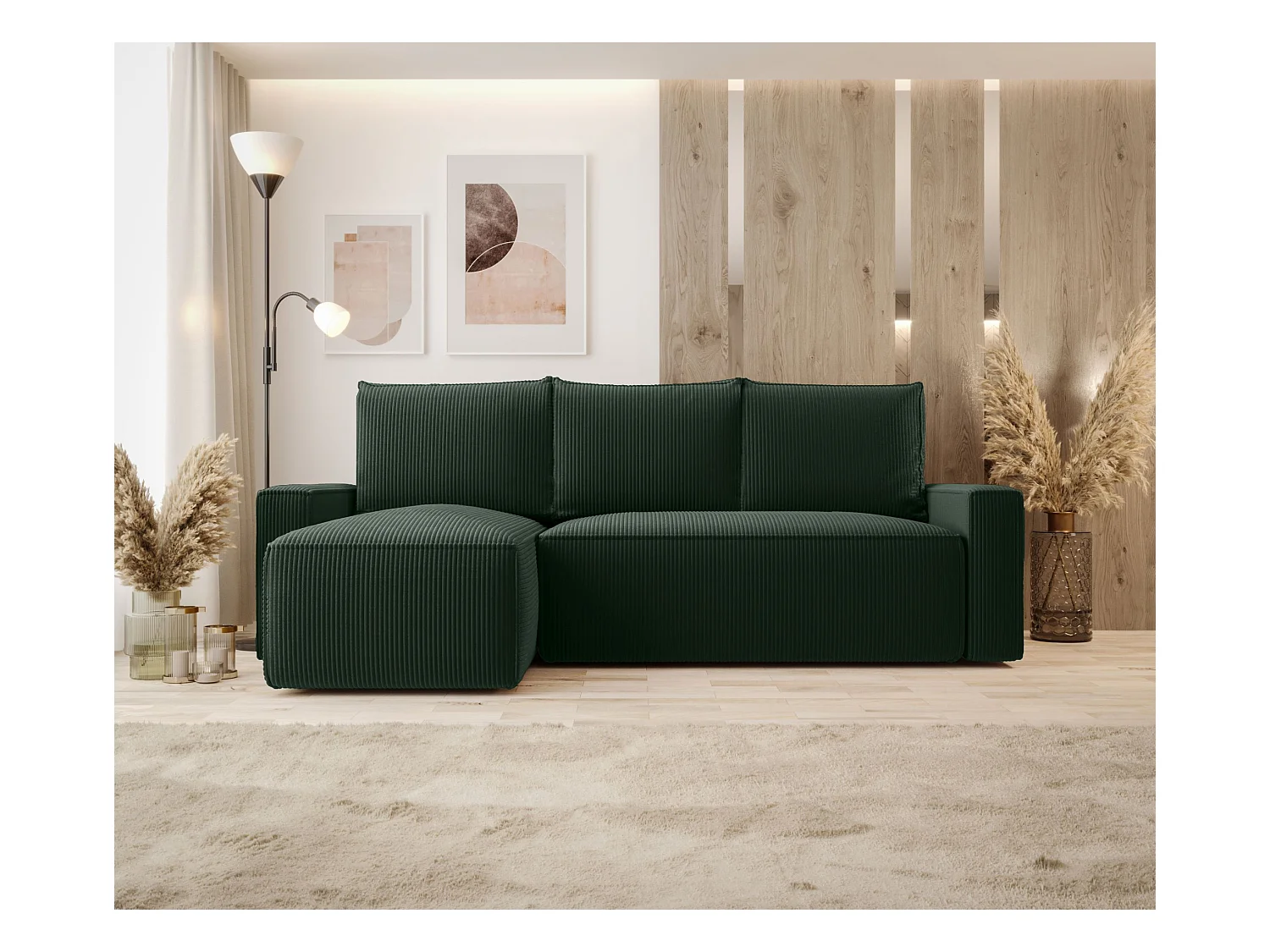 Narożnik z funkcją spania SAVIO Poso 14 ciemnozielony lewy sofa w kształcie L z pojemnikiem na pościel sofa do salonu, sofa rozkładana, sofa z pojemnikiem