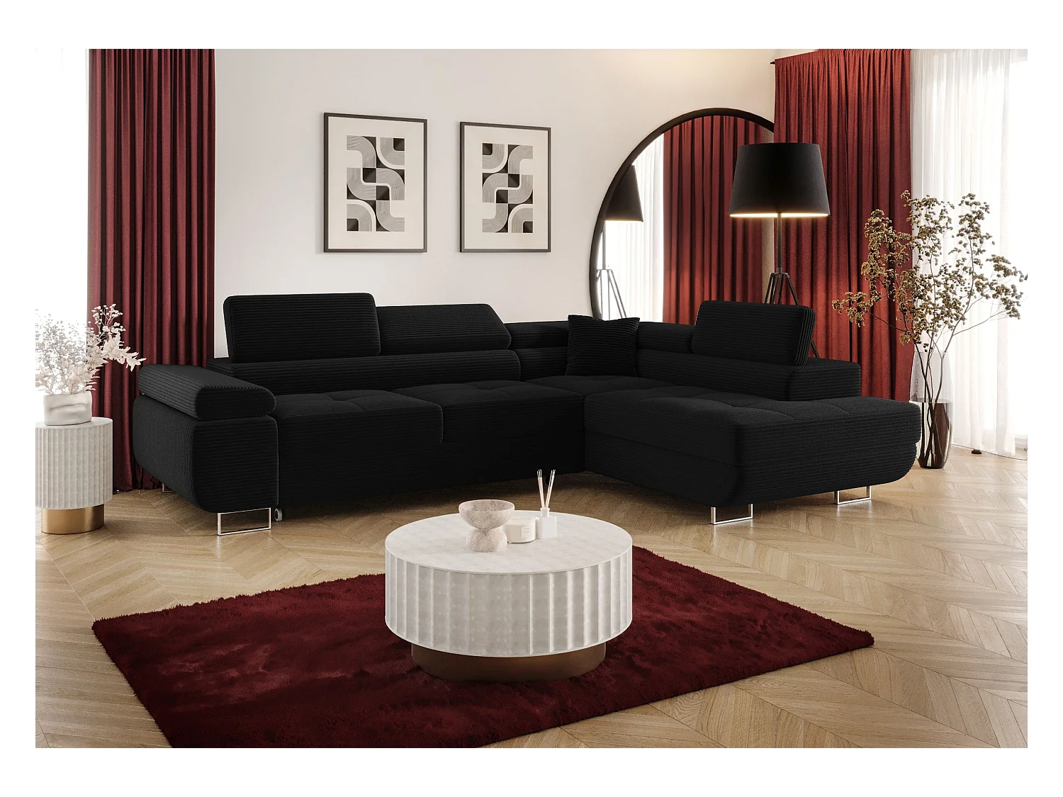 ECKSOFA EMILY mit Schlaffunktion Poso 135 Schwarz Rechts L-Form Sofa mit Stauraum Bettkasten Wohnzimmersofa Couch Sofa Bettsofa Bettkasten Bettcouch