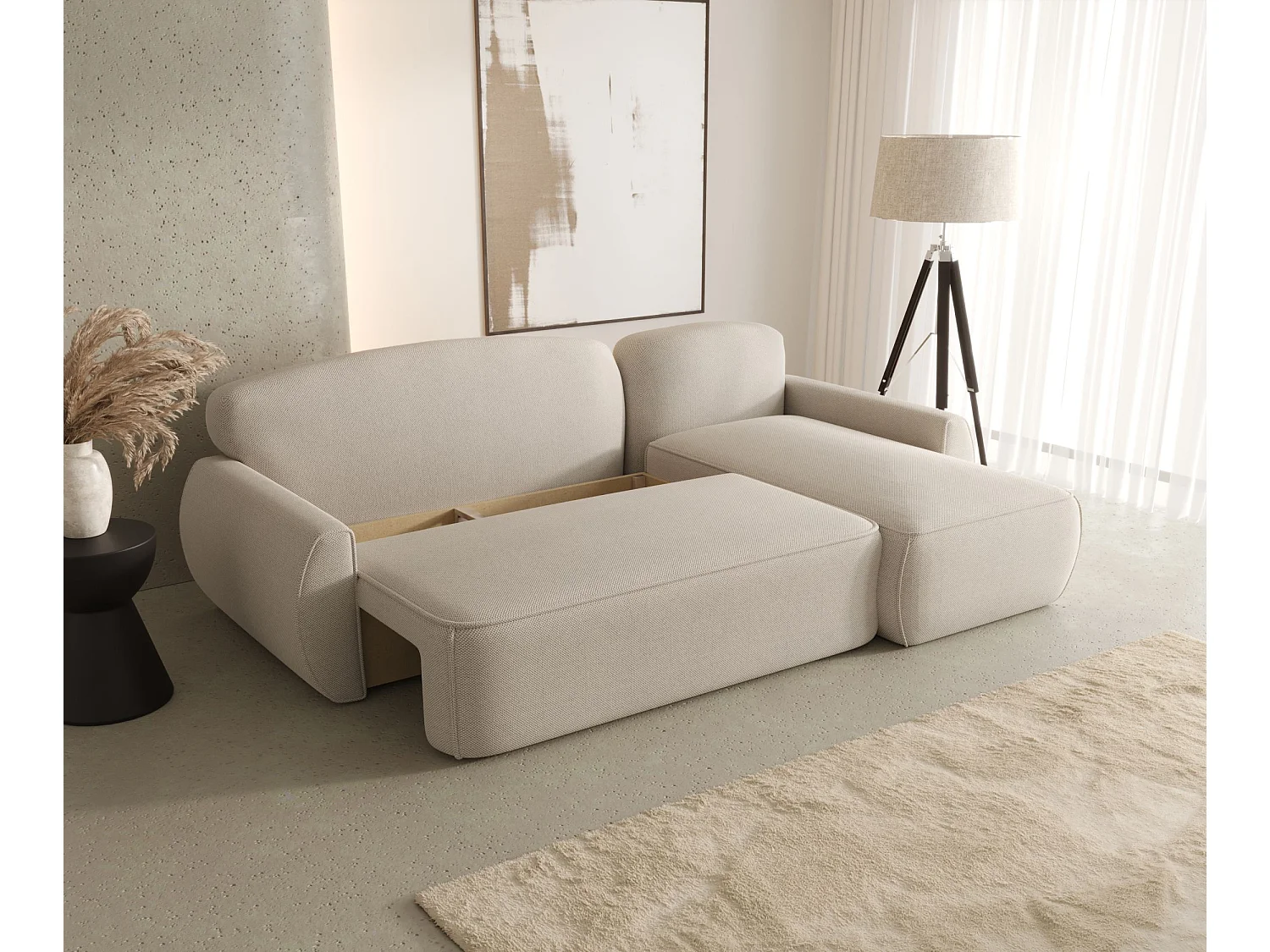 ECKSOFA mit Schlaffunktion LUCAS Quelle 02 Ecru Rechts L-Form Sofa mit Stauraum Bettkasten Wohnzimmersofa Couch Sofa Bettsofa Bettkasten Bettcouch