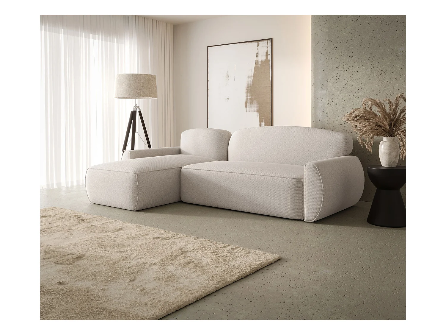 Narożnik z funkcją spania LUCAS Curio 02 kremowy lewy sofa w kształcie L z pojemnikiem na pościel sofa do salonu, sofa rozkładana, sofa z pojemnikiem