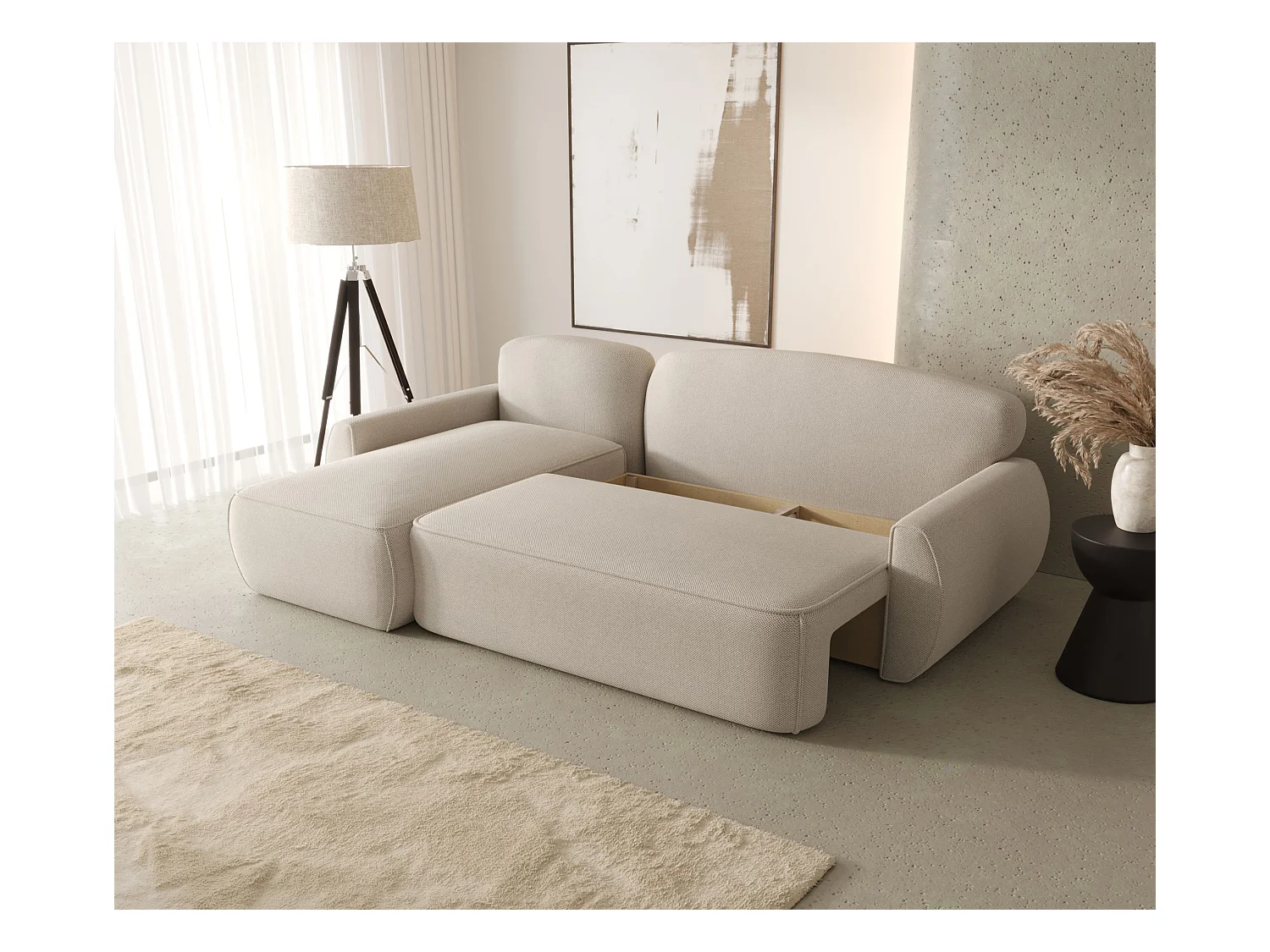 Narożnik z funkcją spania LUCAS Curio 02 kremowy lewy sofa w kształcie L z pojemnikiem na pościel sofa do salonu, sofa rozkładana, sofa z pojemnikiem