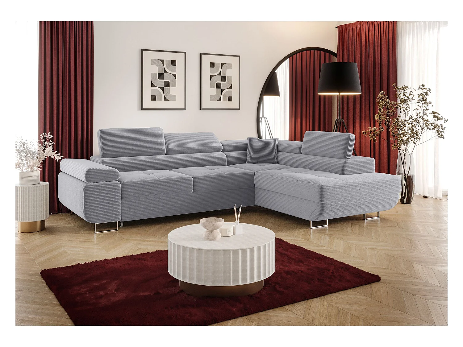 NAROŻNIK EMILY z funkcją spania Poso 55 Jasnoszary Prawy Sofa w kształcie L z pojemnikiem na pościel, sofa rozkładana, sofa do salonu