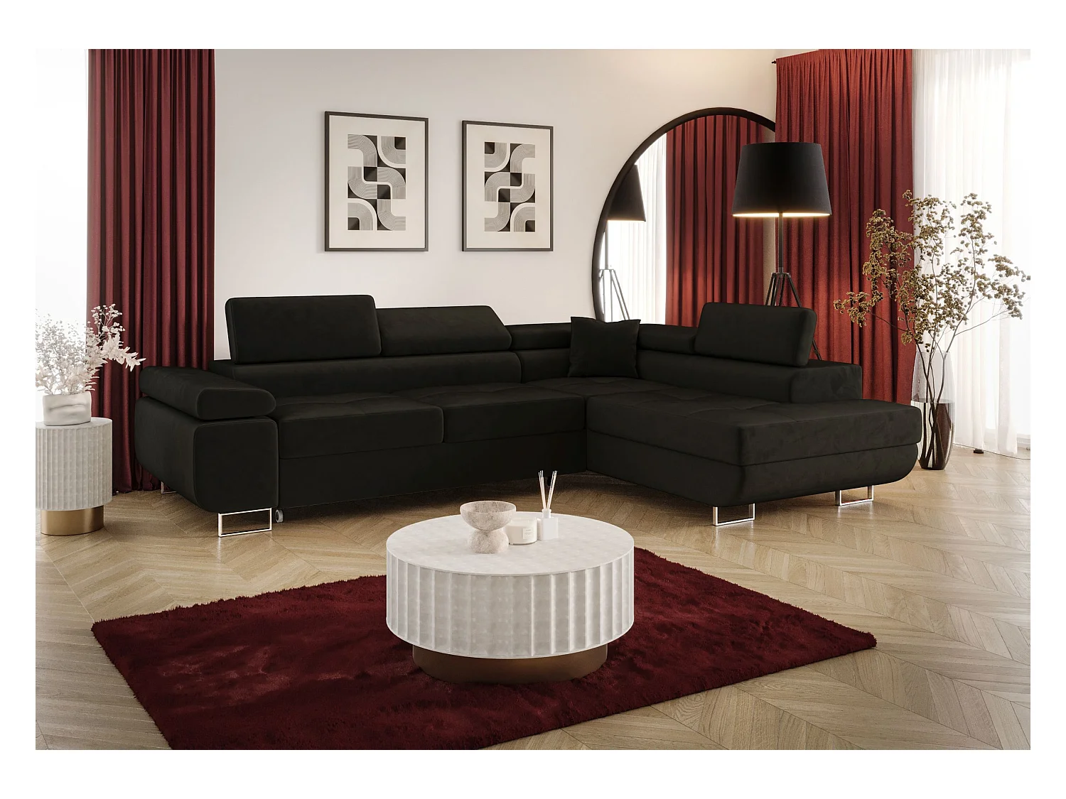 ECKSOFA EMILY mit Schlaffunktion Monolith 95 Schwarz Rechts L-Form Sofa mit Stauraum Bettkasten Wohnzimmersofa Couch Sofa Bettsofa Bettkasten Bettcouch