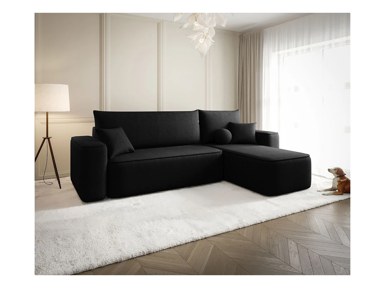 NAROŻNIK SENNO z funkcją spania Curio 99 Czarny Prawy Sofa w kształcie L z pojemnikiem na pościel, sofa rozkładana, sofa do salonu
