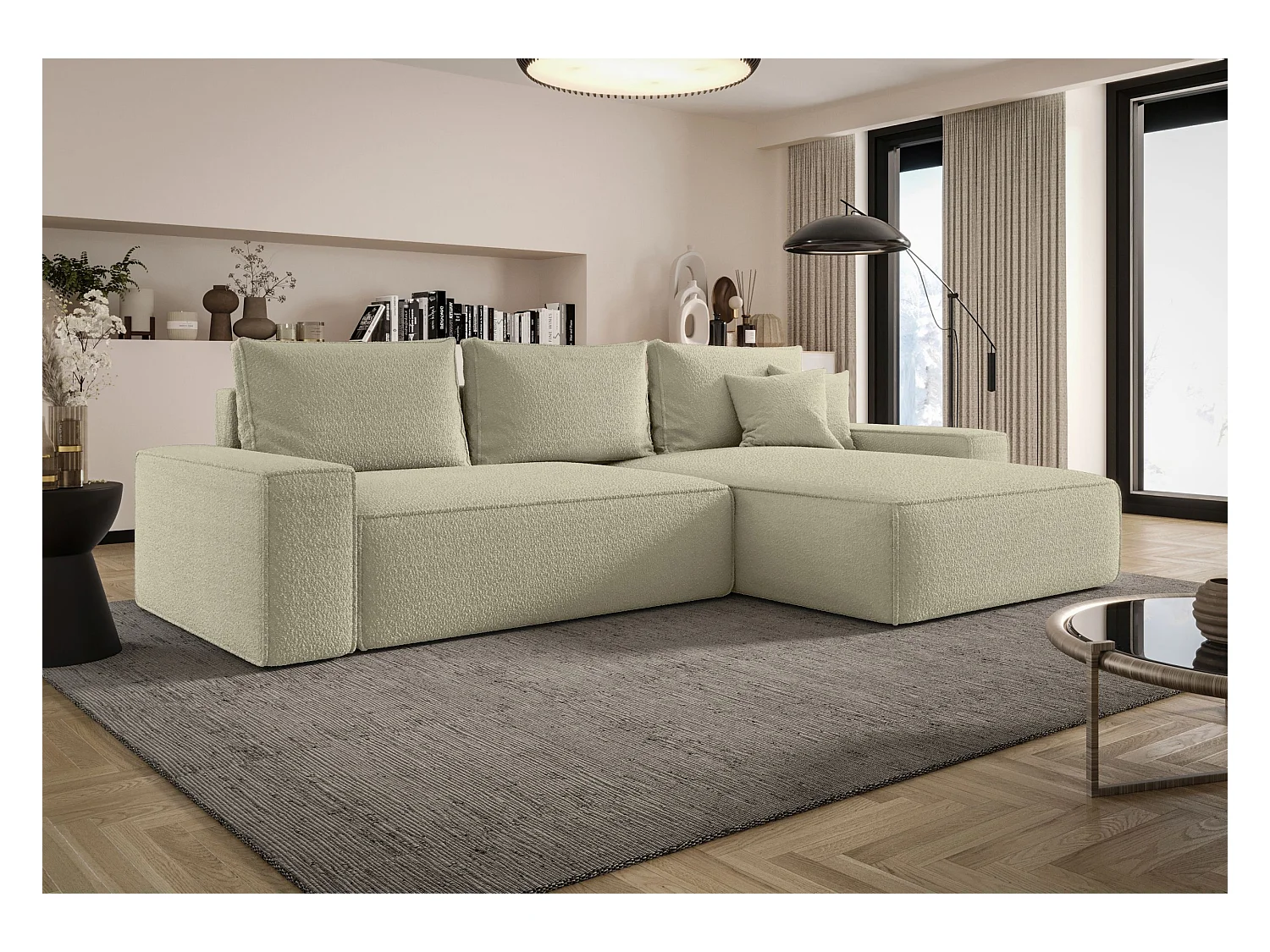 HOEKBANK MONA met slaapfunctie QUELLE 06 Beige Rechts L-vorm bank met opbergruimte, slaapbank, woonkamerbank